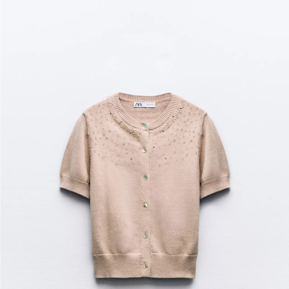 Zara Beige Short Sleeve jeweled Cardigan
